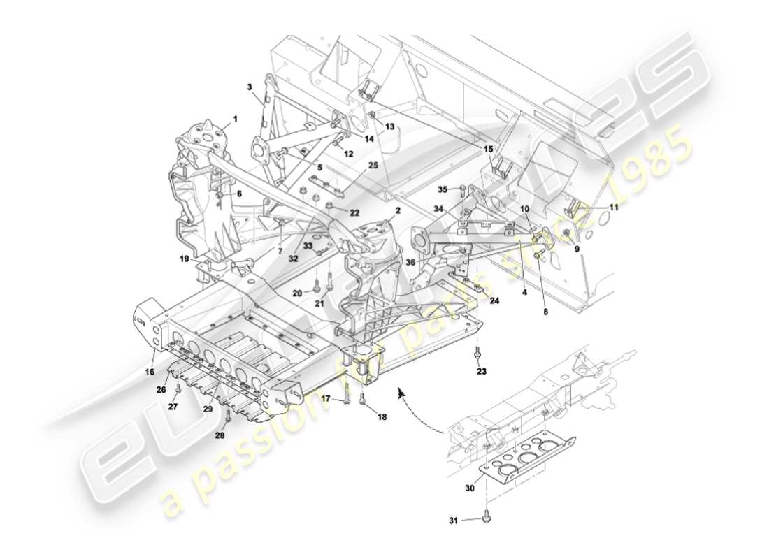 aston martin vanquish (2007) estructura de soporte del cuerpo delantero diagrama de piezas