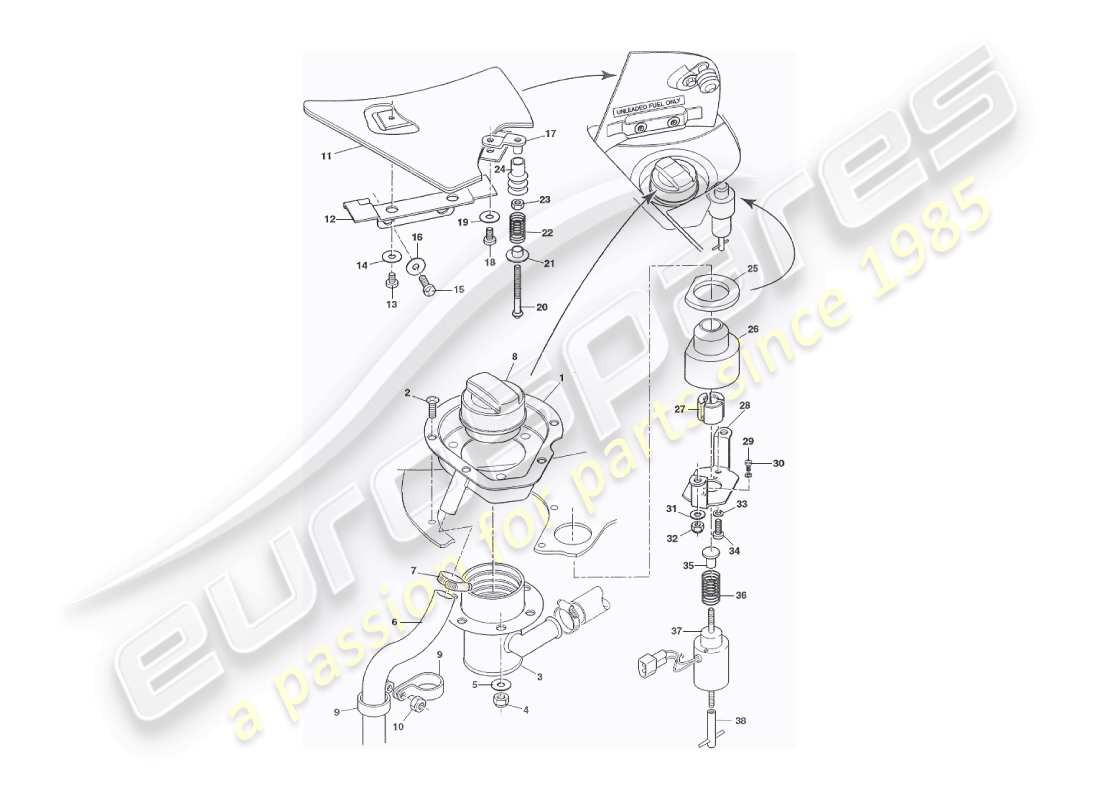 aston martin v8 virage (1999) aletas de llenado de combustible, diagrama de piezas volante