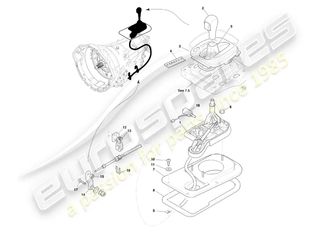 aston martin db7 vantage (2003) transmisión automática, diagrama de piezas del conjunto del selector de marchas