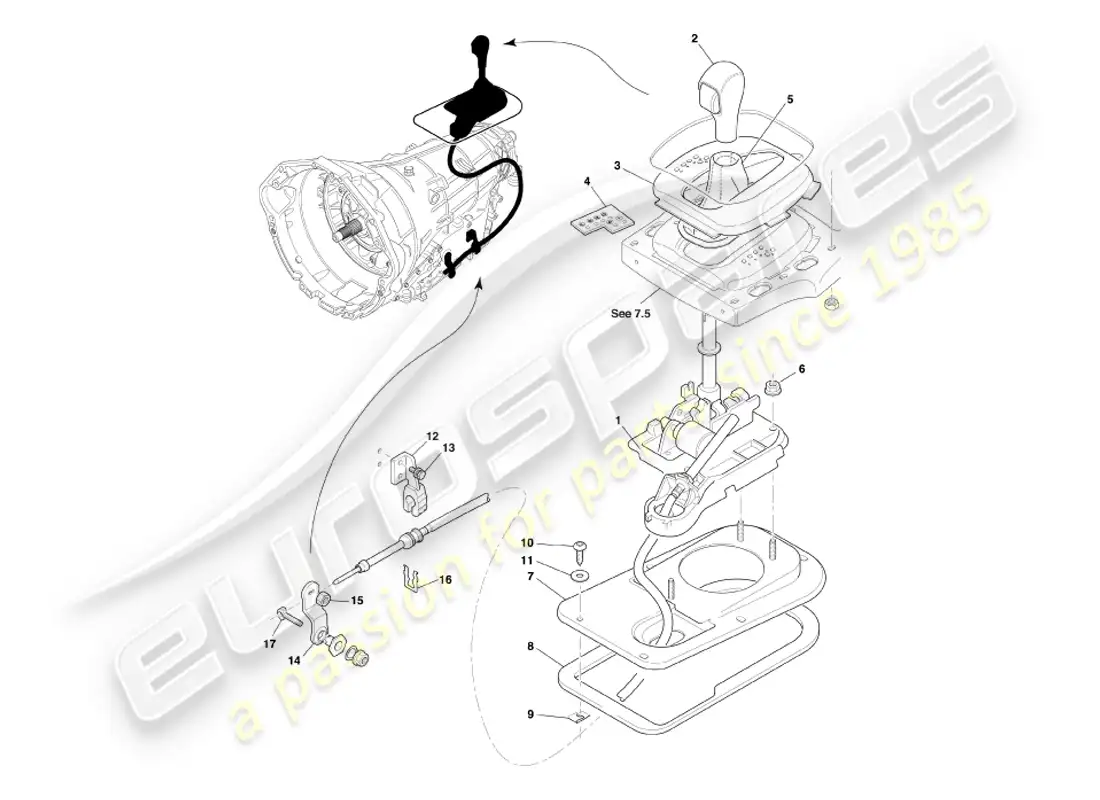aston martin db7 vantage (2003) transmisión touchtronic, diagrama de piezas del conjunto del selector de marchas