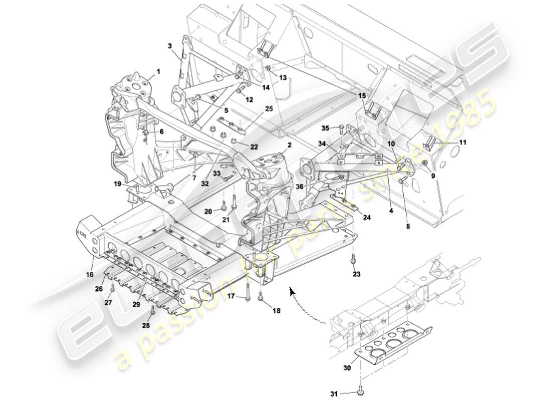 aston martin vanquish (2001) diagrama de piezas de la estructura de soporte del cuerpo delantero