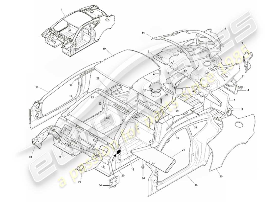 aston martin vanquish (2001) estructura del cuerpo diagrama de piezas