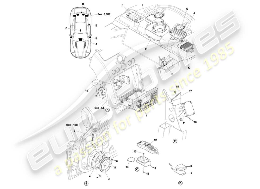 aston martin vanquish (2001) diagrama de piezas de entretenimiento en el automóvil