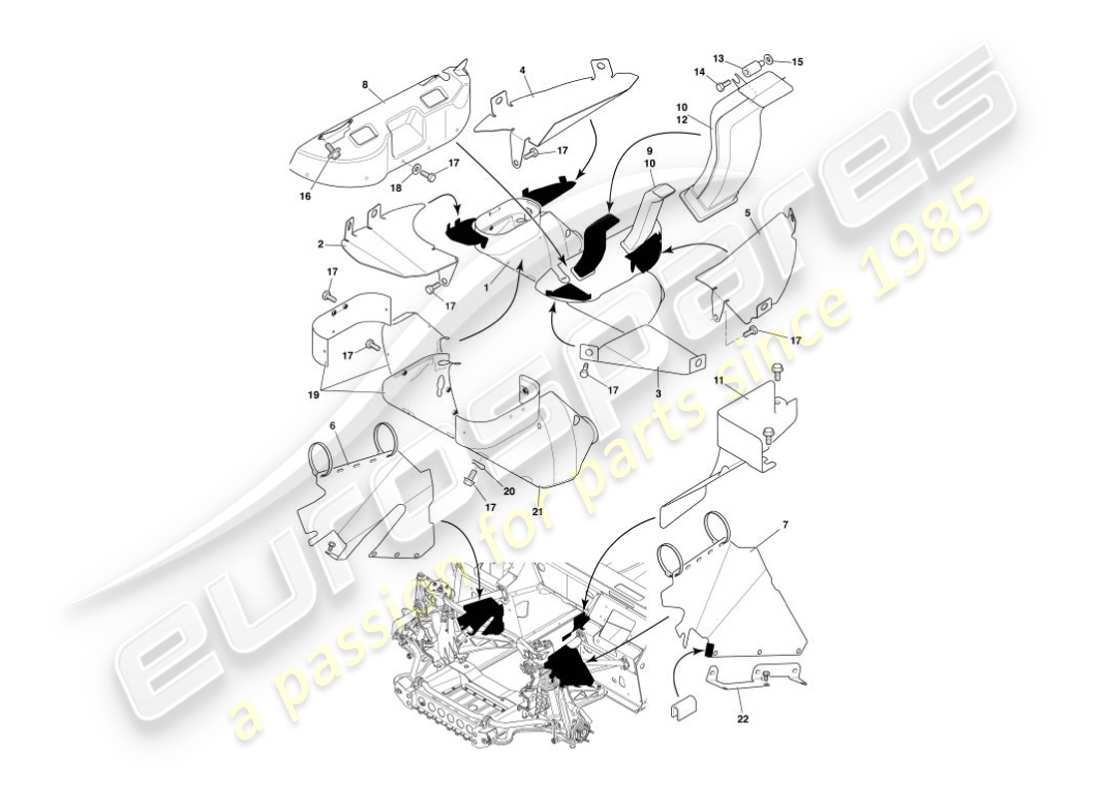 aston martin vanquish (2002) deflectores y escudos térmicos diagrama de piezas
