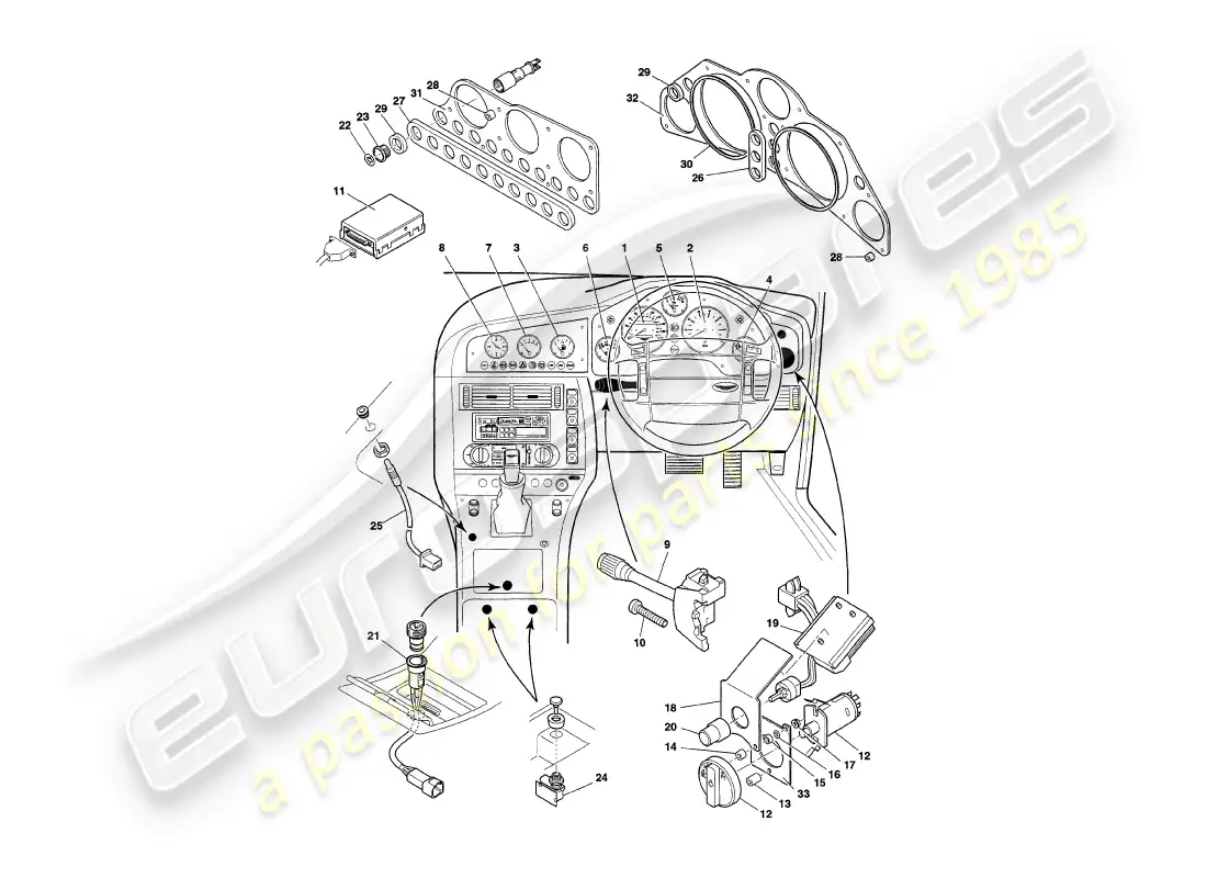 aston martin v8 coupe (2000) instrumentos y controles diagrama de piezas