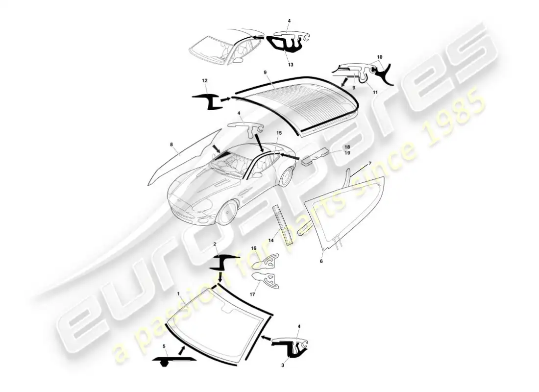 aston martin vanquish (2003) vidrio y acabados diagrama de piezas
