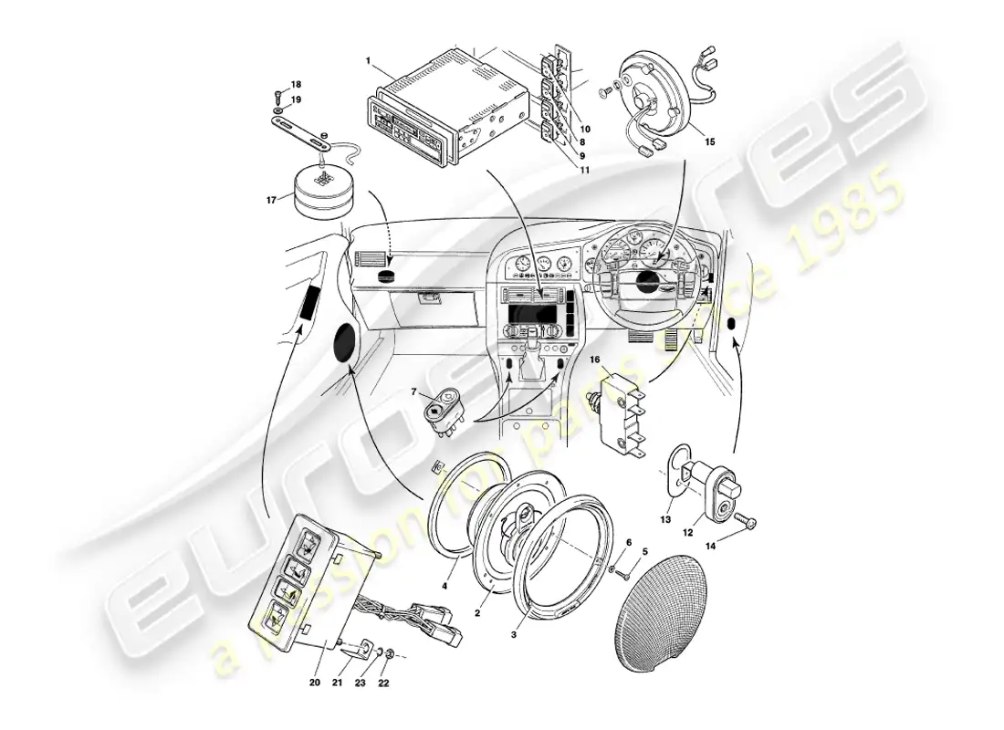 aston martin v8 coupe (2000) instrumentos y controles diagrama de piezas