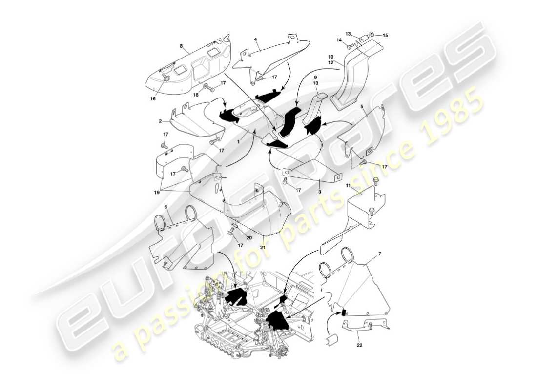 aston martin vanquish (2003) diagrama de piezas de protectores y deflectores de calor