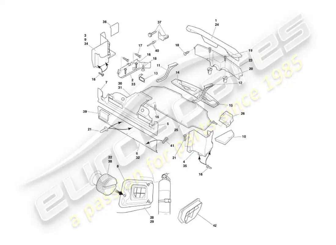 aston martin vanquish (2004) carcasa del maletero y esteras diagrama de piezas