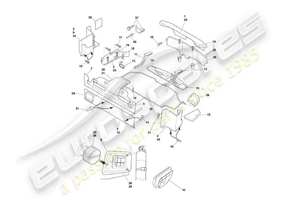 aston martin vanquish (2005) carcasa del maletero y esteras diagrama de piezas