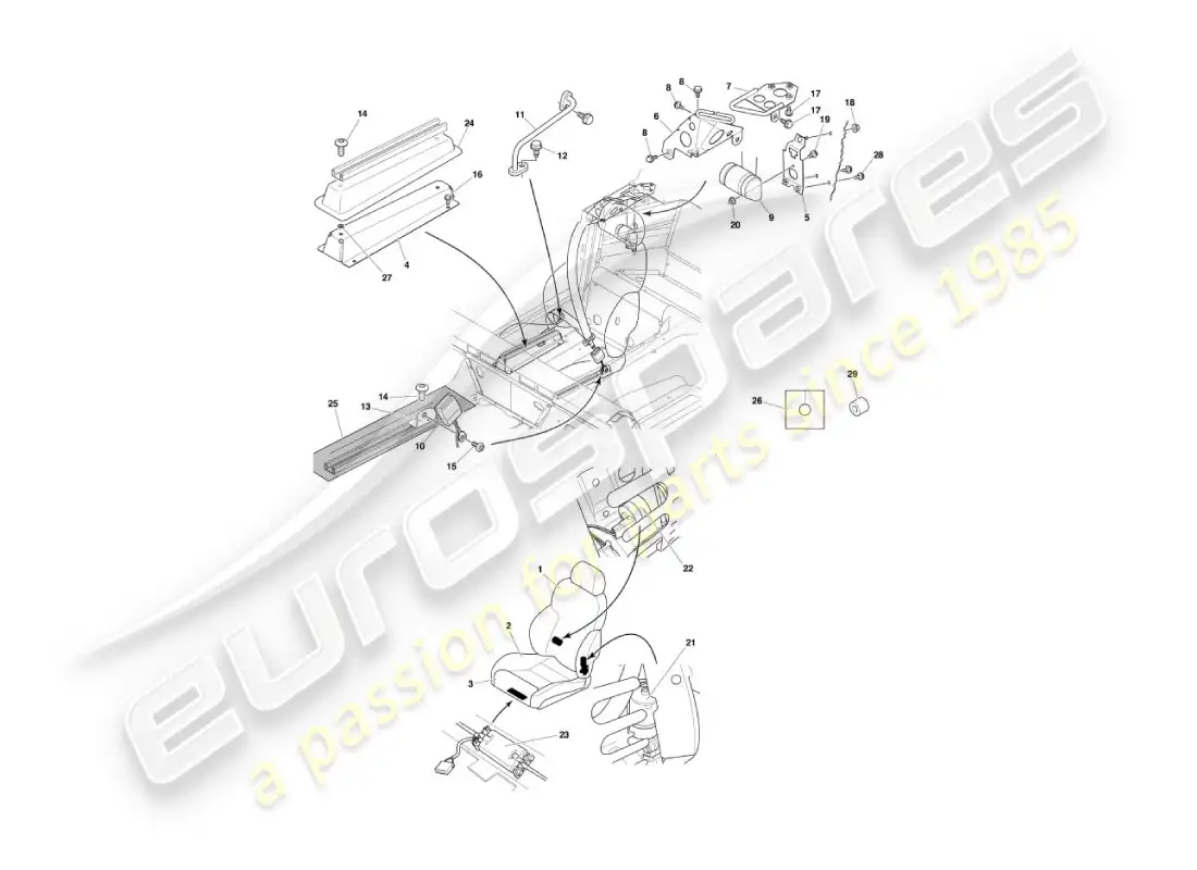 aston martin vanquish (2006) asientos delanteros y cinturones diagrama de piezas