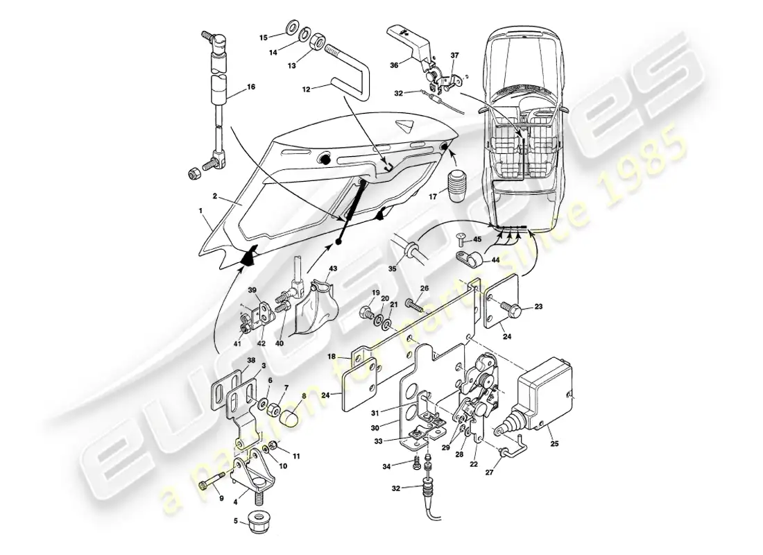 aston martin v8 volante (1998) tapa del maletero diagrama de piezas