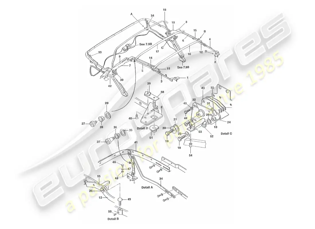 aston martin v8 virage (2000) conjunto del marco del capó diagrama de piezas