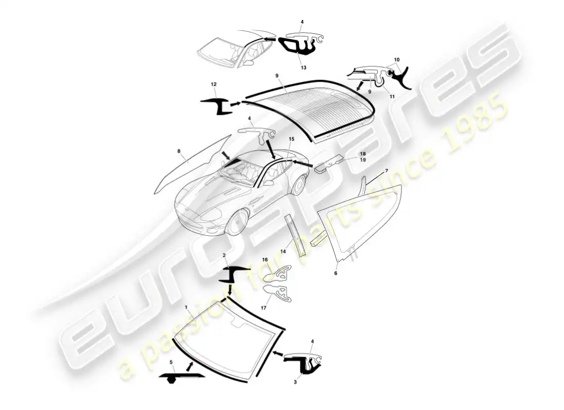 aston martin vanquish (2005) vidrio y acabados diagrama de piezas