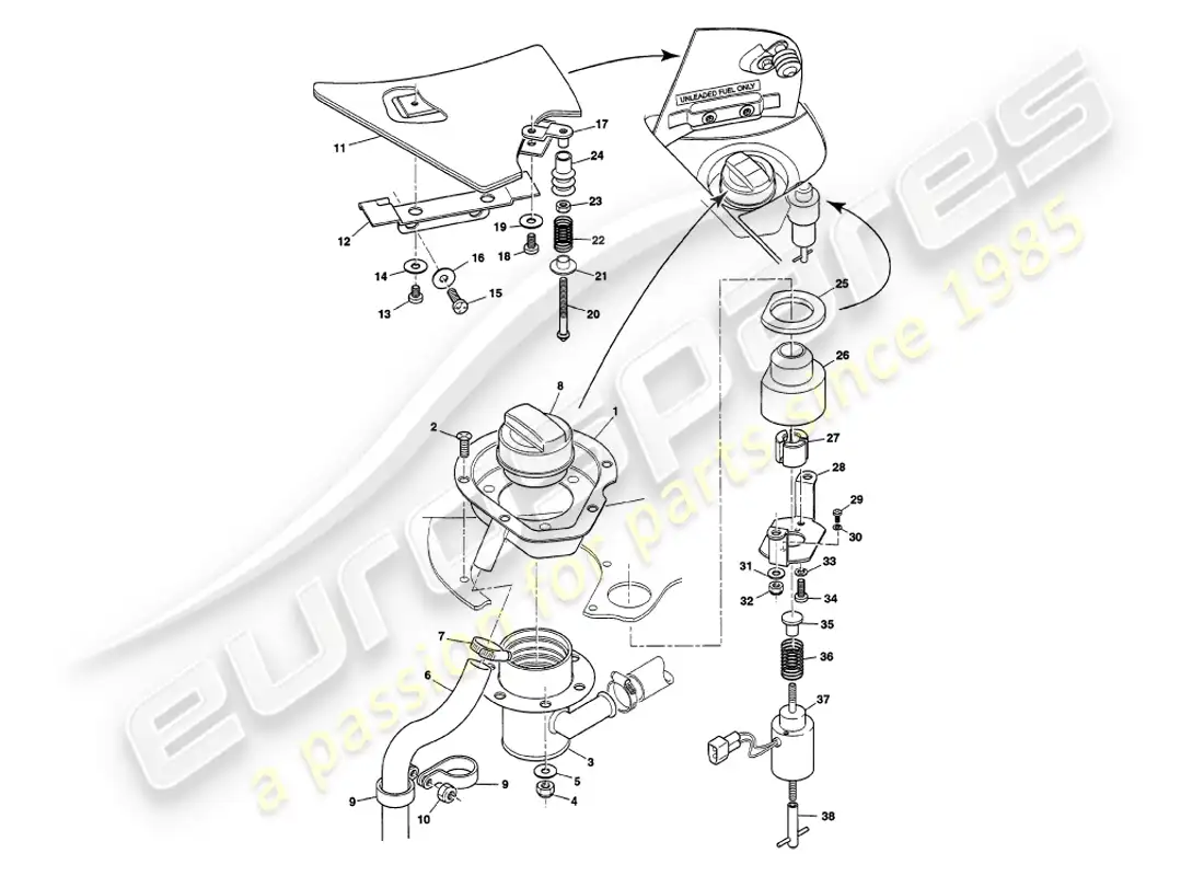 aston martin v8 volante (1998) tapas de llenado de combustible diagrama de piezas