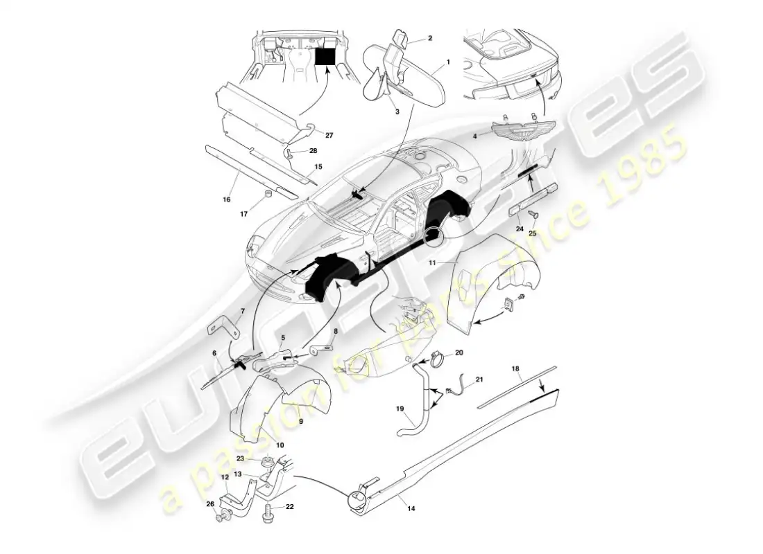 aston martin vanquish (2003) accesorios para el cuerpo diagrama de piezas