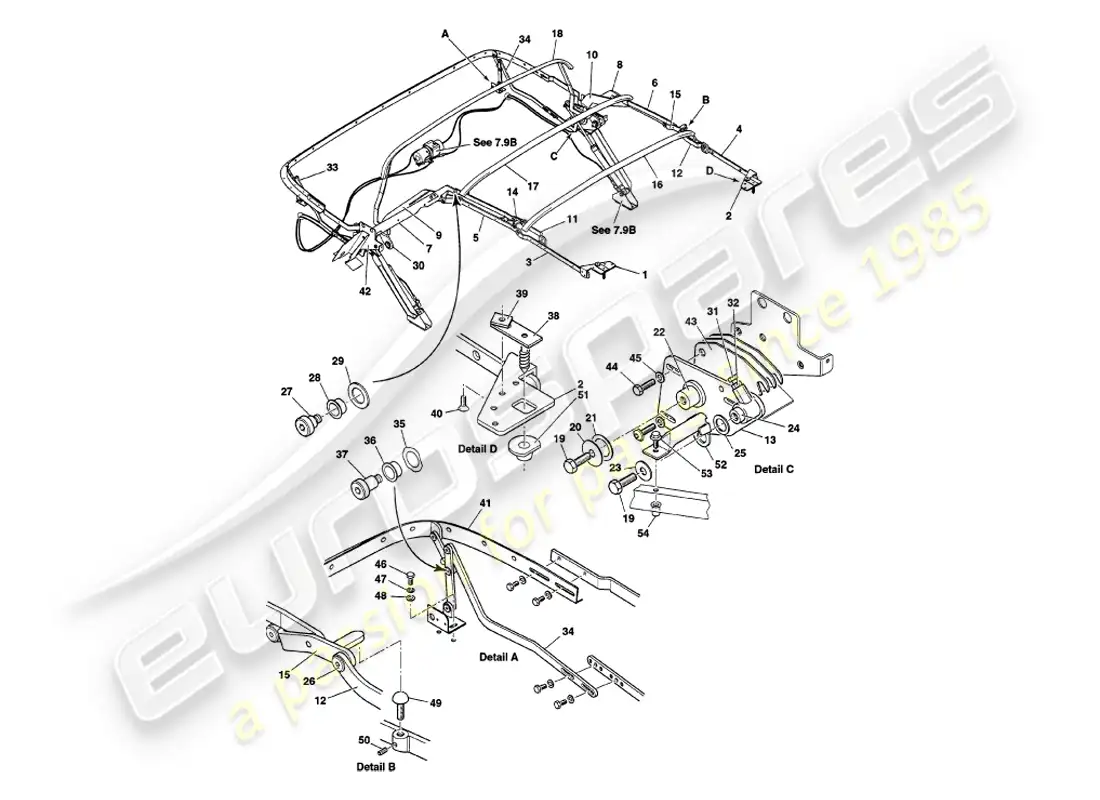 aston martin v8 volante (1998) conjunto del marco del capó diagrama de piezas