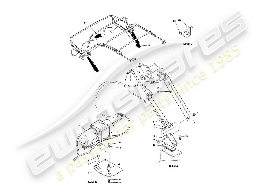 aston martin v8 volante (1998) hidráulica del capó diagrama de piezas