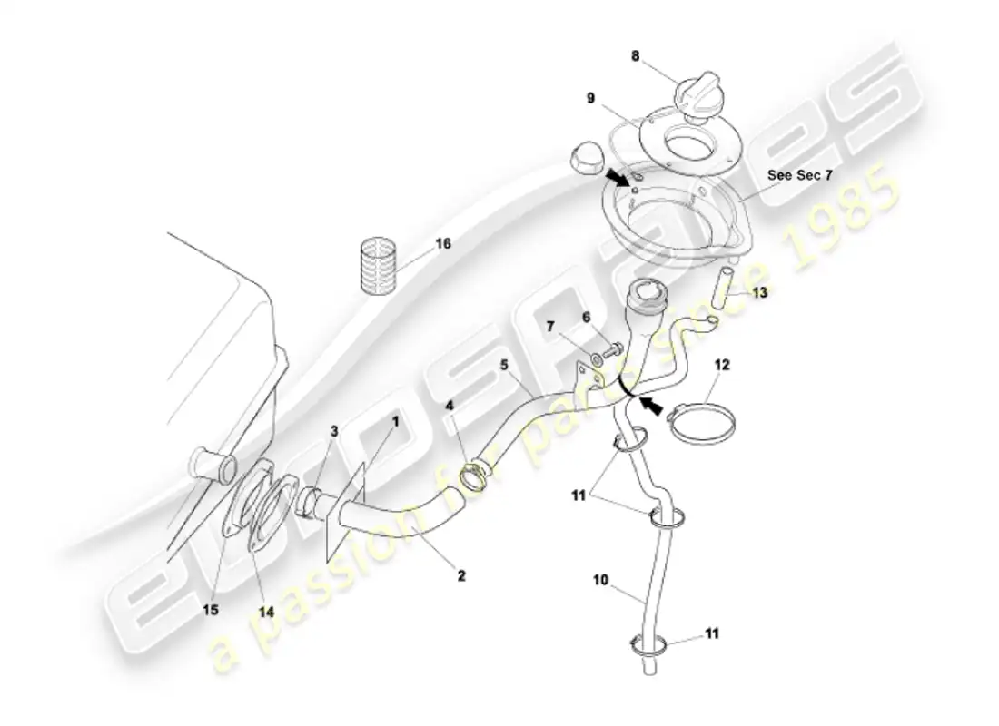 aston martin vanquish (2002) tubo de llenado de combustible diagrama de piezas