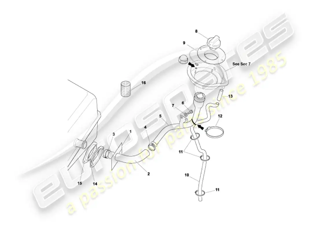 aston martin vanquish (2003) tubo de llenado de combustible diagrama de piezas