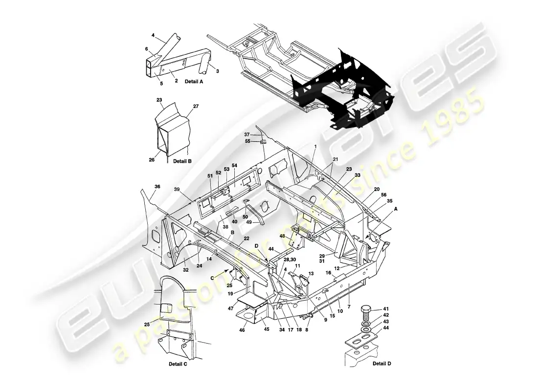 aston martin v8 volante (1998) estructura frontal diagrama de piezas