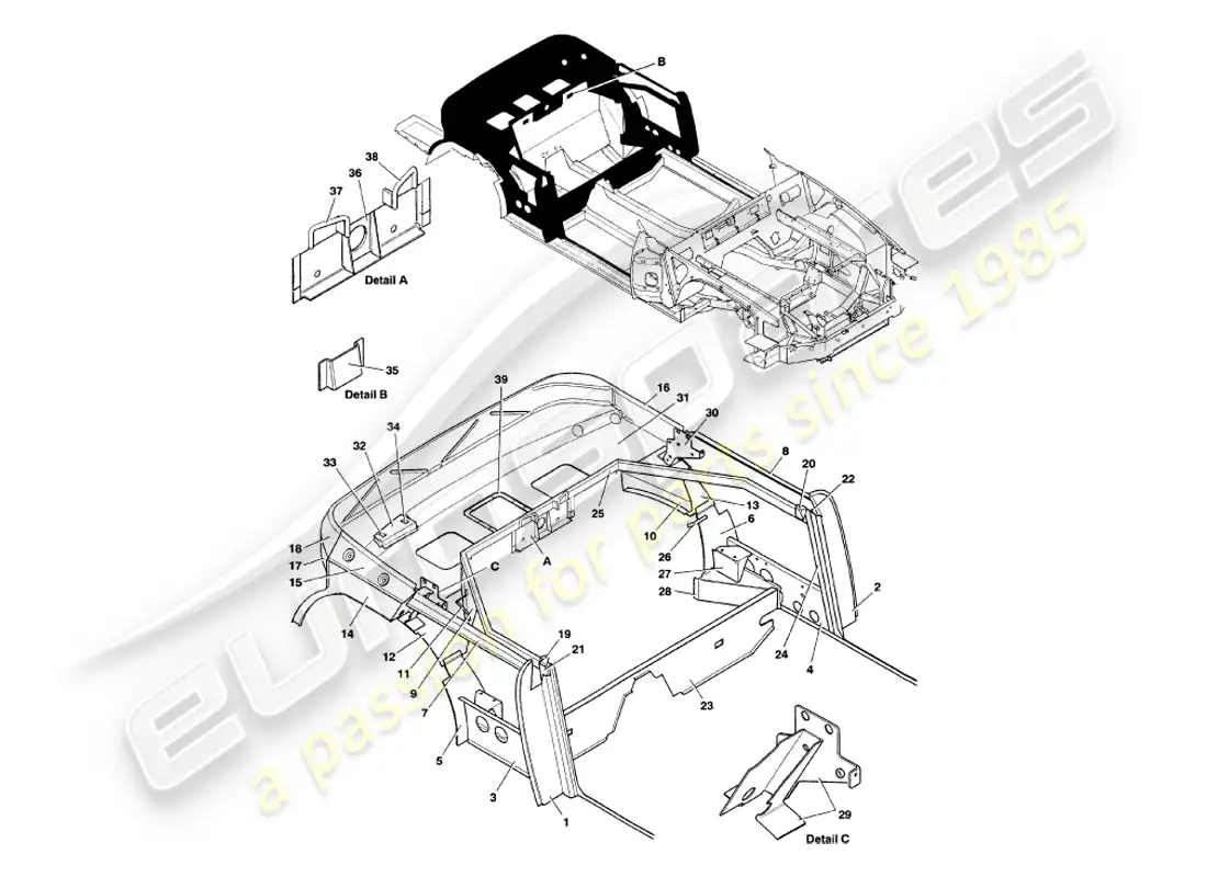 aston martin v8 volante (1998) estructura trasera diagrama de piezas