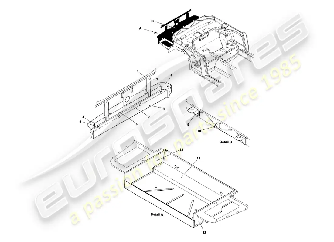 aston martin v8 volante (1998) estructura trasera, parachoques y maletero diagrama de piezas