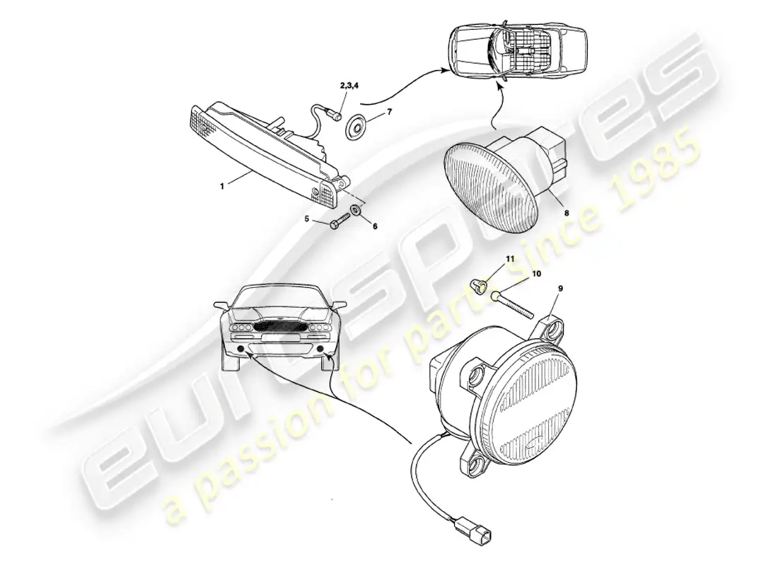 aston martin v8 volante (1998) lámparas exteriores diagrama de piezas