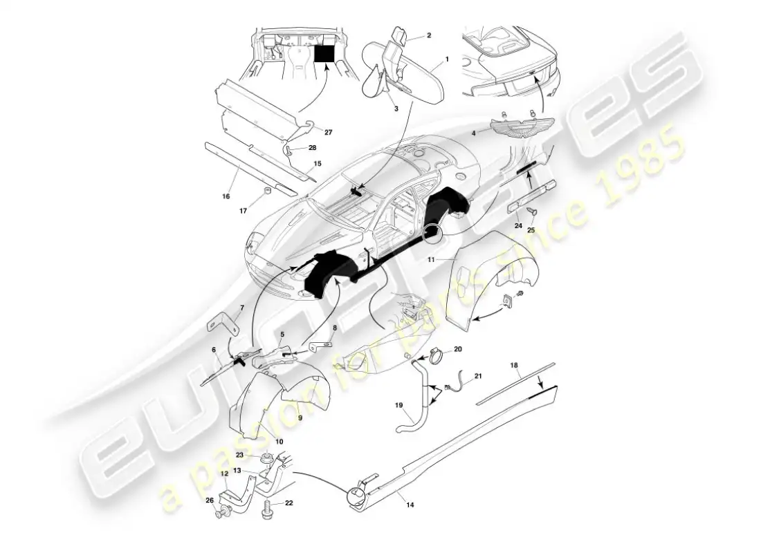 aston martin vanquish (2002) accesorios para el cuerpo diagrama de piezas