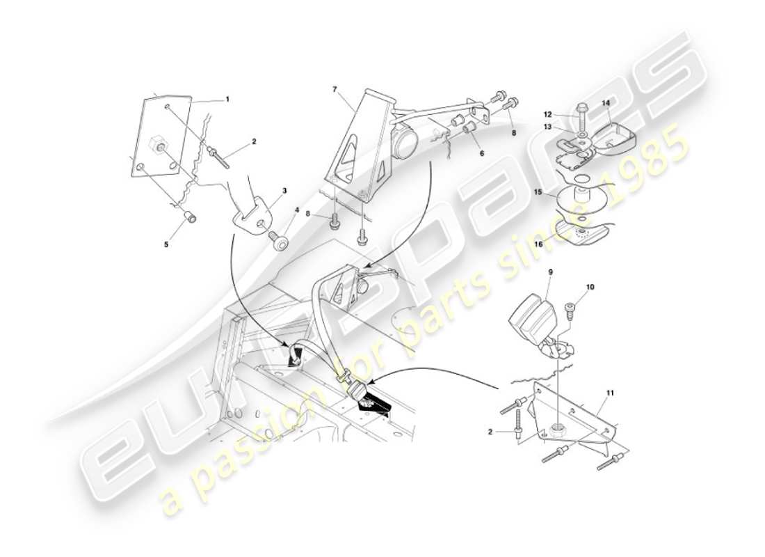 aston martin vanquish (2002) diagrama de piezas de los cinturones de seguridad traseros
