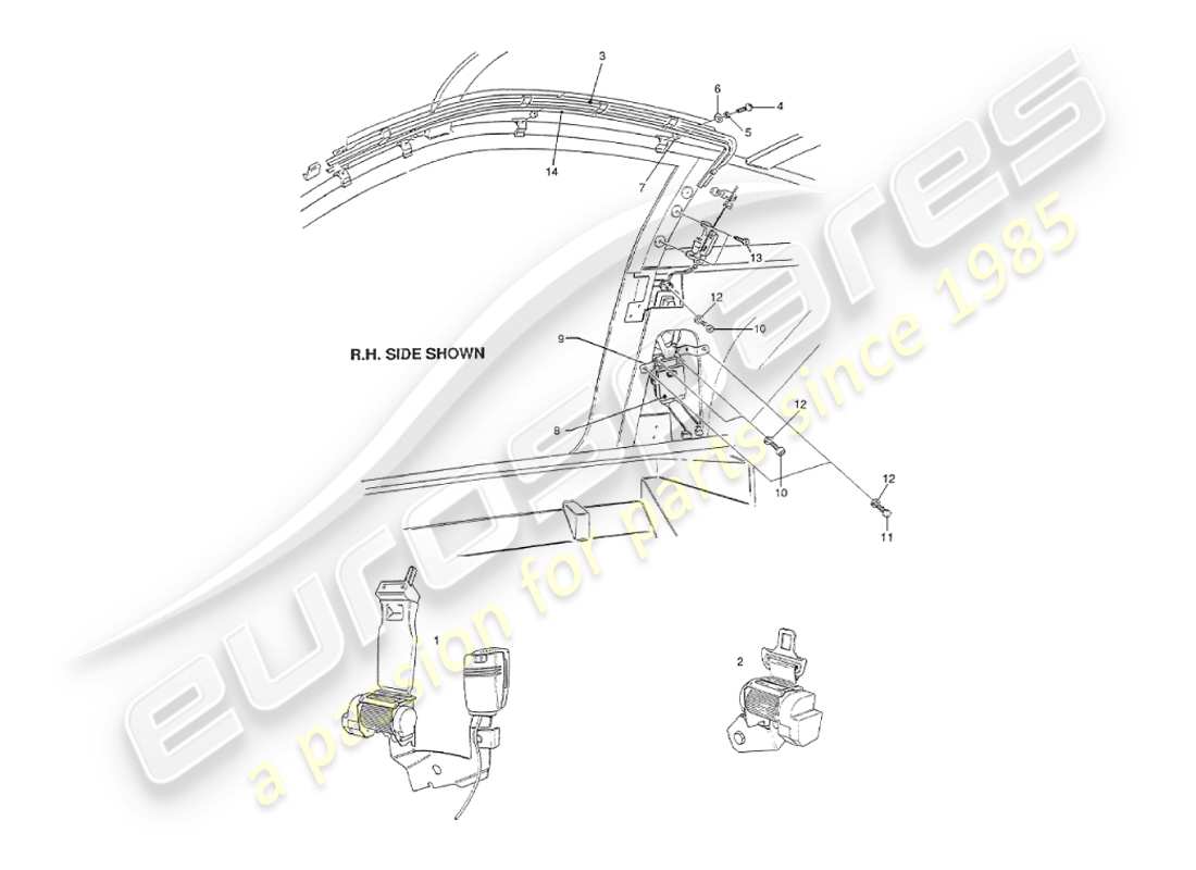 aston martin v8 virage (2000) accesorios interiores, diagrama de piezas de cinturones de seguridad de ee. uu.