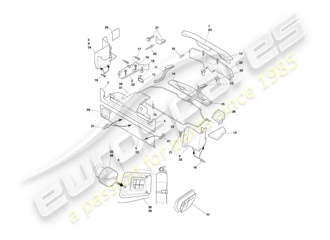 aston martin vanquish (2003) carcasa del maletero y esteras diagrama de piezas