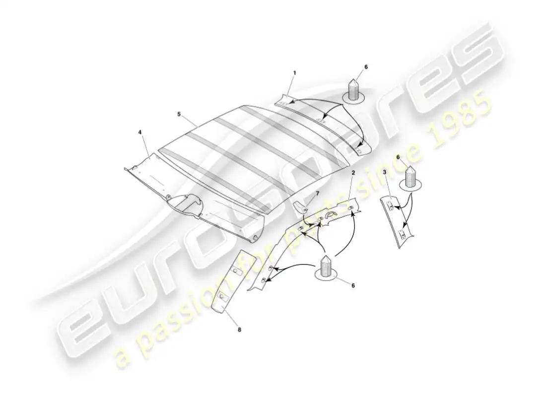 aston martin vanquish (2006) moldura superior y revestimiento del techo diagrama de piezas
