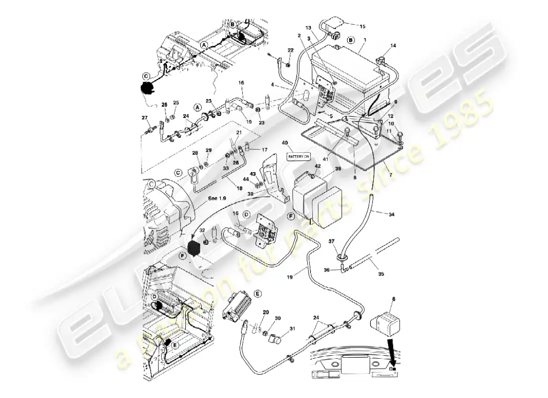 aston martin vanquish (2006) batería y cables diagrama de piezas