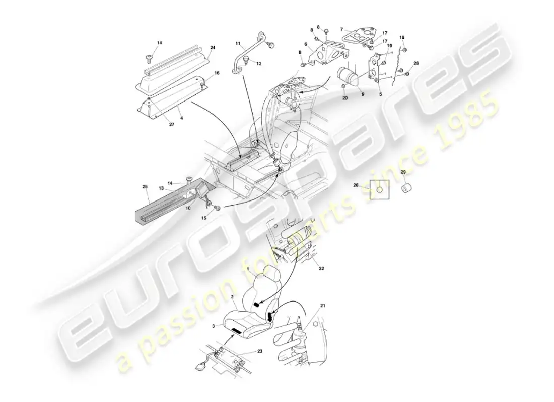aston martin vanquish (2002) asientos delanteros y cinturones diagrama de piezas