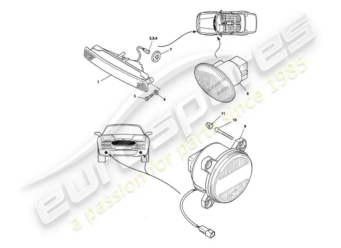aston martin v8 volante (1997) lámparas exteriores diagrama de piezas