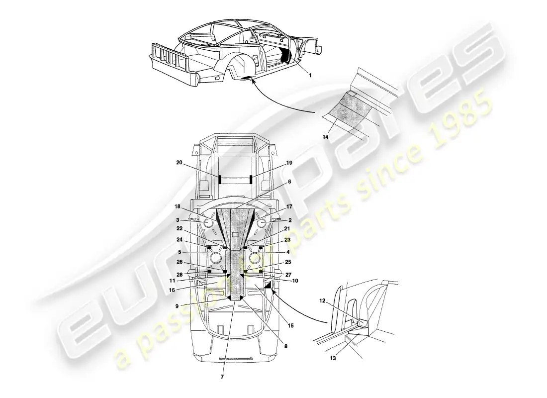 aston martin v8 coupe (2000) paneles de chasis diagrama de piezas