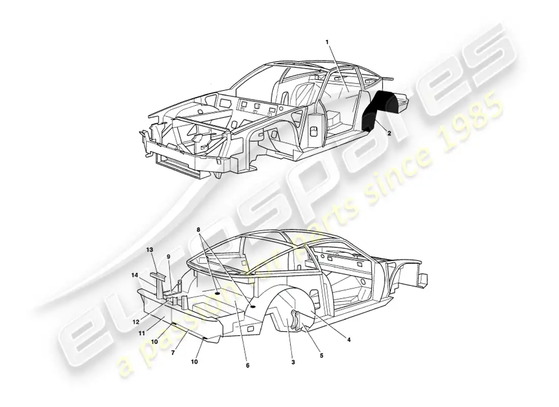 aston martin v8 coupe (2000) paneles de chasis diagrama de piezas