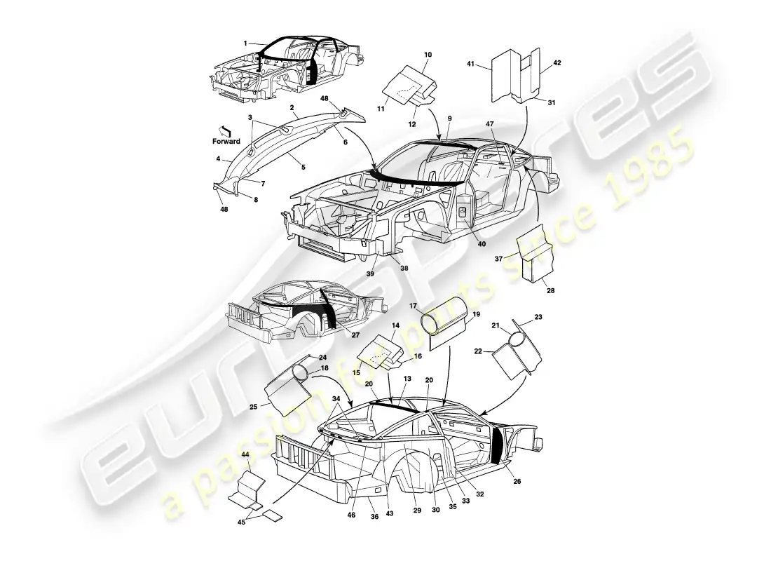 aston martin v8 coupe (2000) superestructura del chasis diagrama de piezas