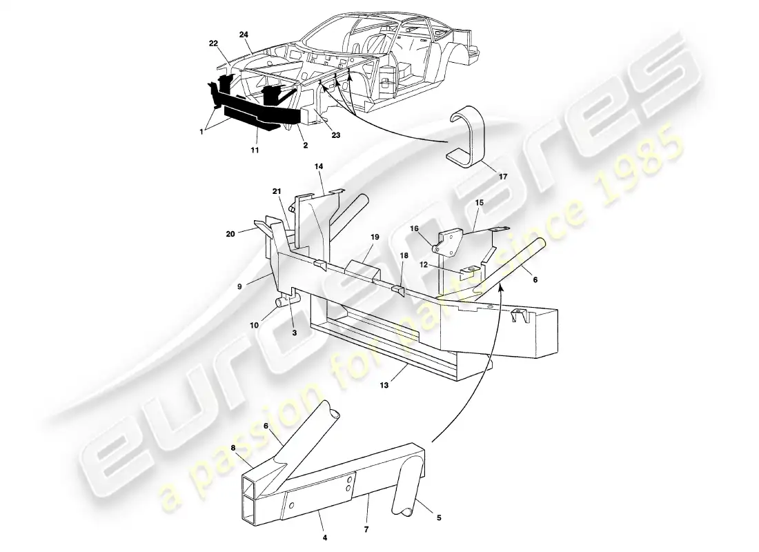 aston martin v8 coupe (2000) marco de soporte del parachoques delantero diagrama de piezas