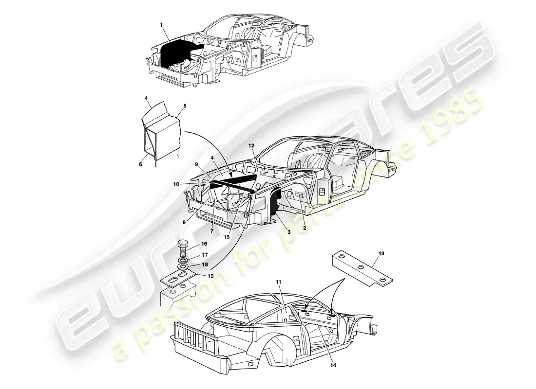 aston martin v8 coupe (2000) paneles de chasis diagrama de piezas