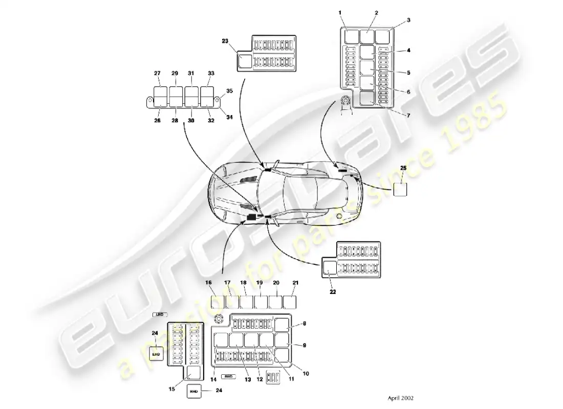 aston martin vanquish (2002) relés diagrama de piezas