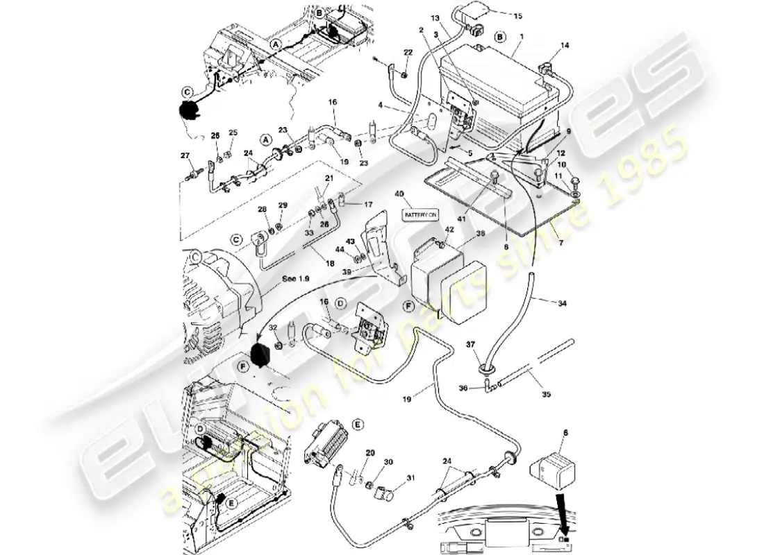 aston martin vanquish (2002) batería y cables diagrama de piezas