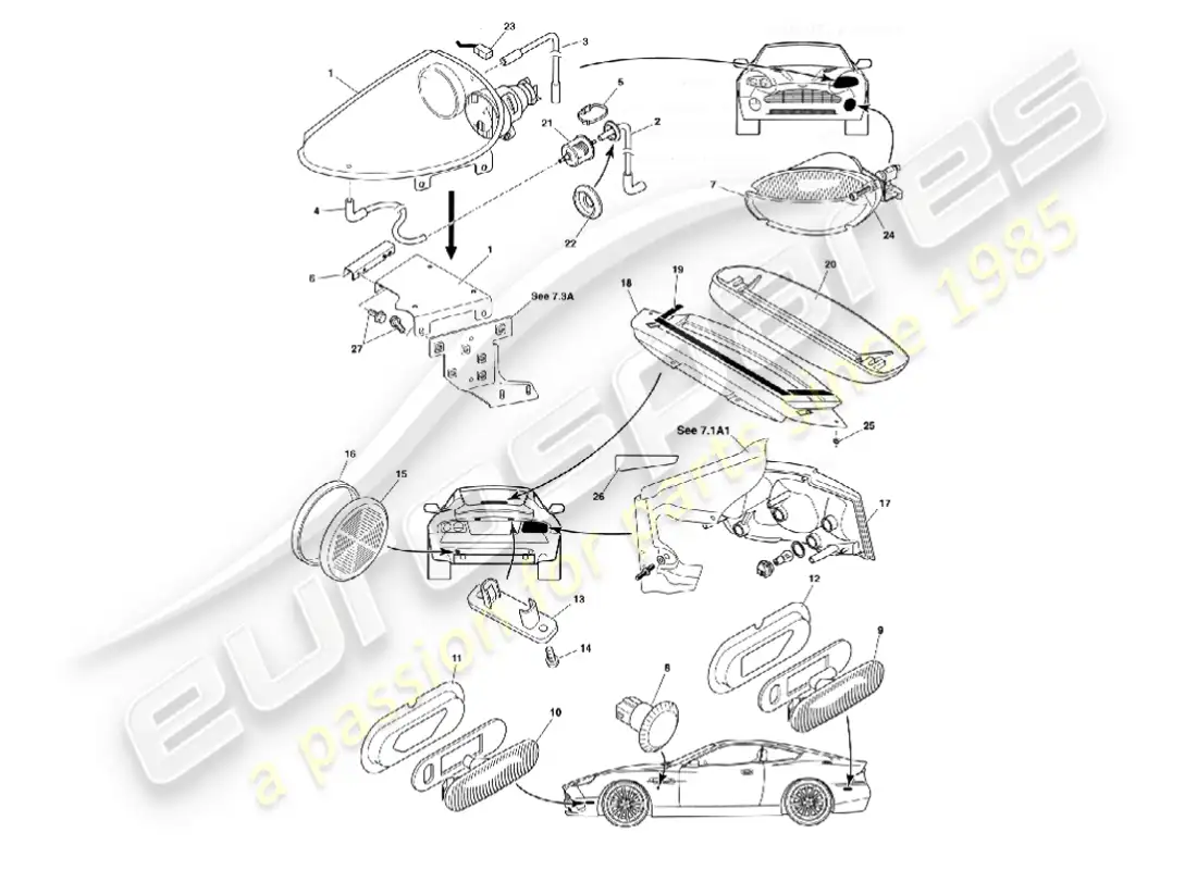 aston martin vanquish (2007) diagrama de piezas de lámparas exteriores