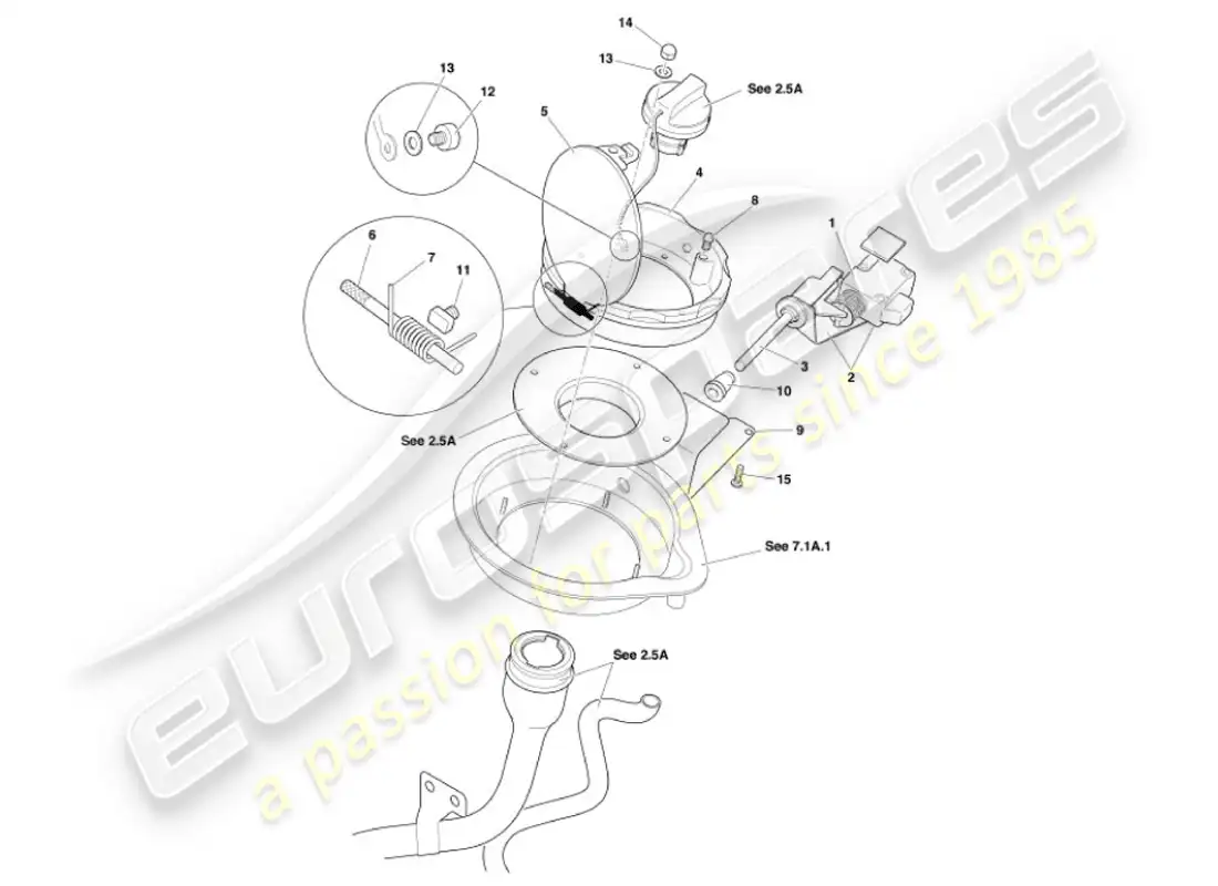 aston martin vanquish (2007) mecanismo de trampilla de combustible diagrama de piezas