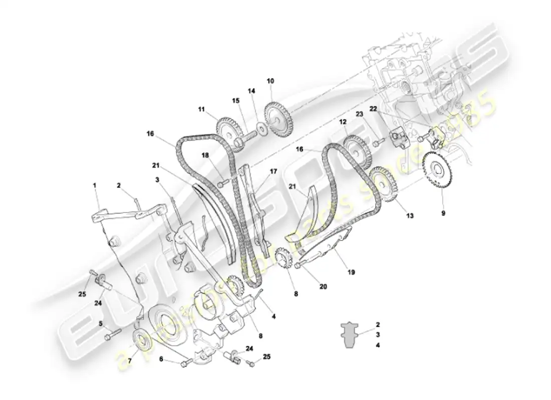 aston martin vanquish (2007) diagrama de piezas de cubierta frontal, cadenas y piñones