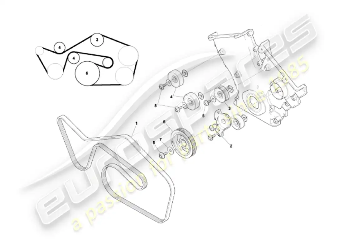 aston martin vanquish (2007) diagrama de piezas de correas de transmisión, tensores y poleas