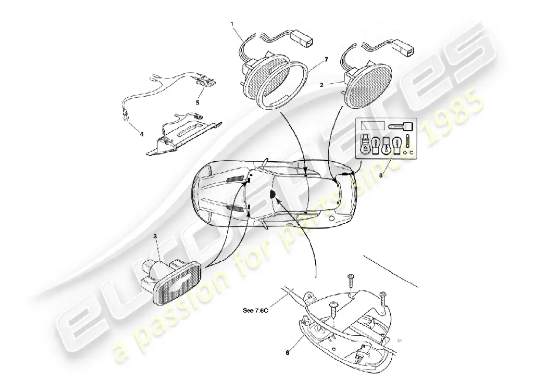 aston martin vanquish (2007) diagrama de piezas de lámparas y bombillas interiores