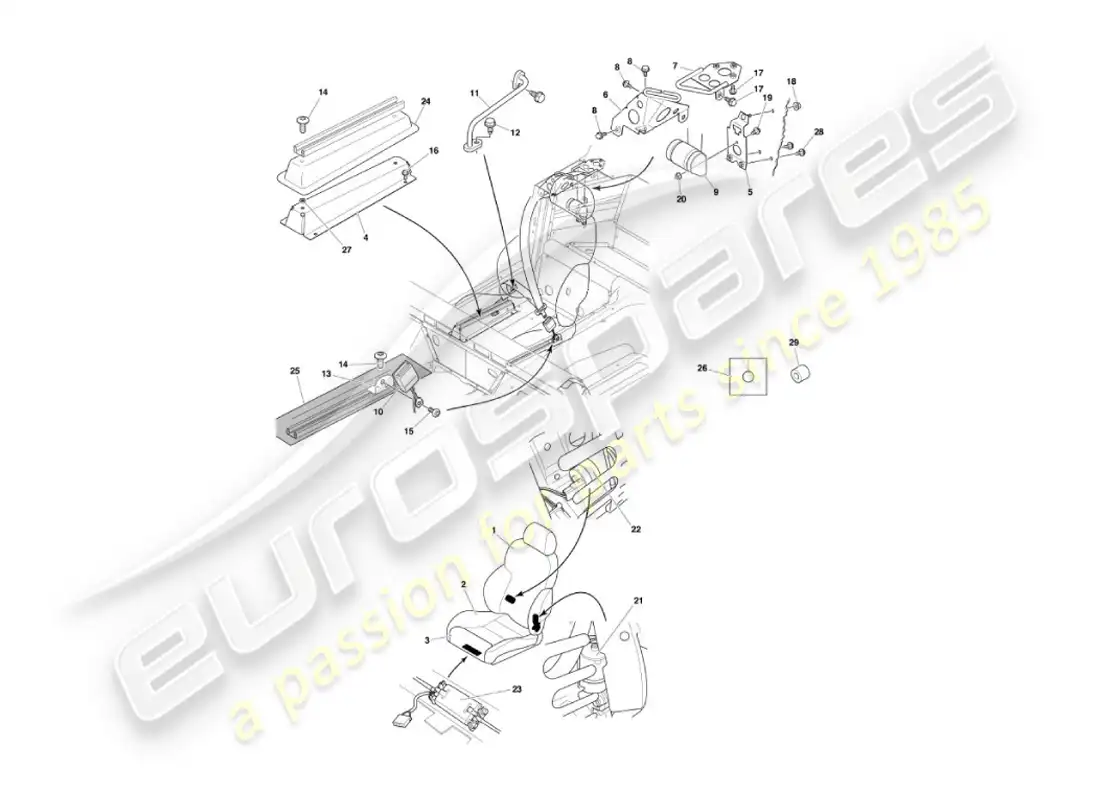 aston martin vanquish (2004) asientos delanteros y cinturones diagrama de piezas