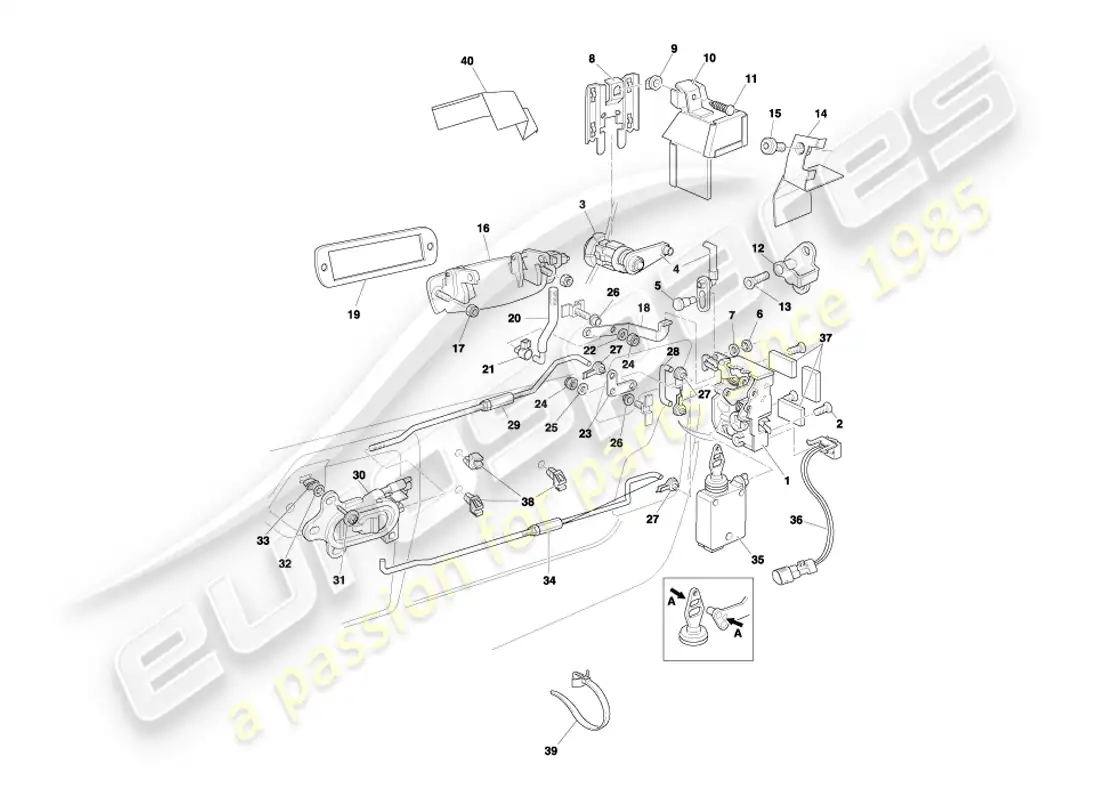 aston martin db7 vantage (2003) diagrama de piezas del mecanismo de pestillo de puerta